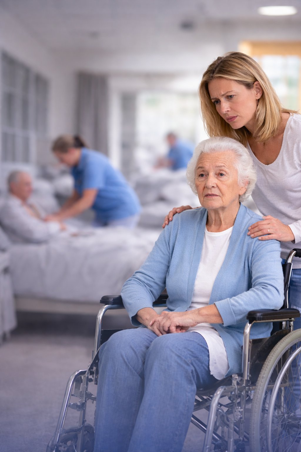 Concerned family member standing beside an elderly woman in a wheelchair at a New Jersey nursing home, highlighting signs of understaffing and neglect.